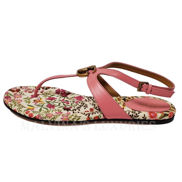 GUCCI SHOES DOUBLE G MARMONT LOGO LEATHER THONG FLORAL SOLE SANDAL sz 40 10 - Picture 5 of 16